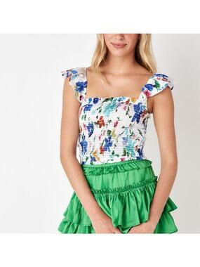Cake For Dinner Ariela Ruffle Smocked Floral Crop Top White Multicolor NWT, Sz M